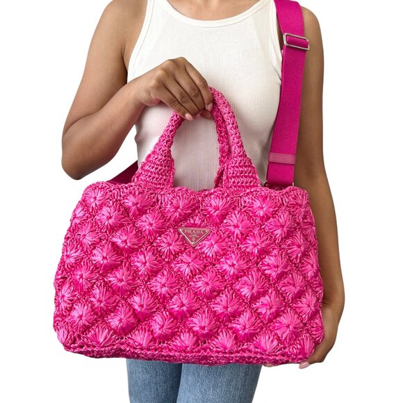 PRADA Vintage Triangle Logo Canapa Tote Bag Handbag Pink Raffia [106407] - Picture 2 of 16
